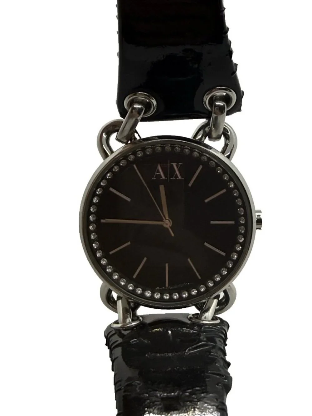 AX Armani Exchange Women's Watch Silver Black Leather Bracelet AX3078 Stainless